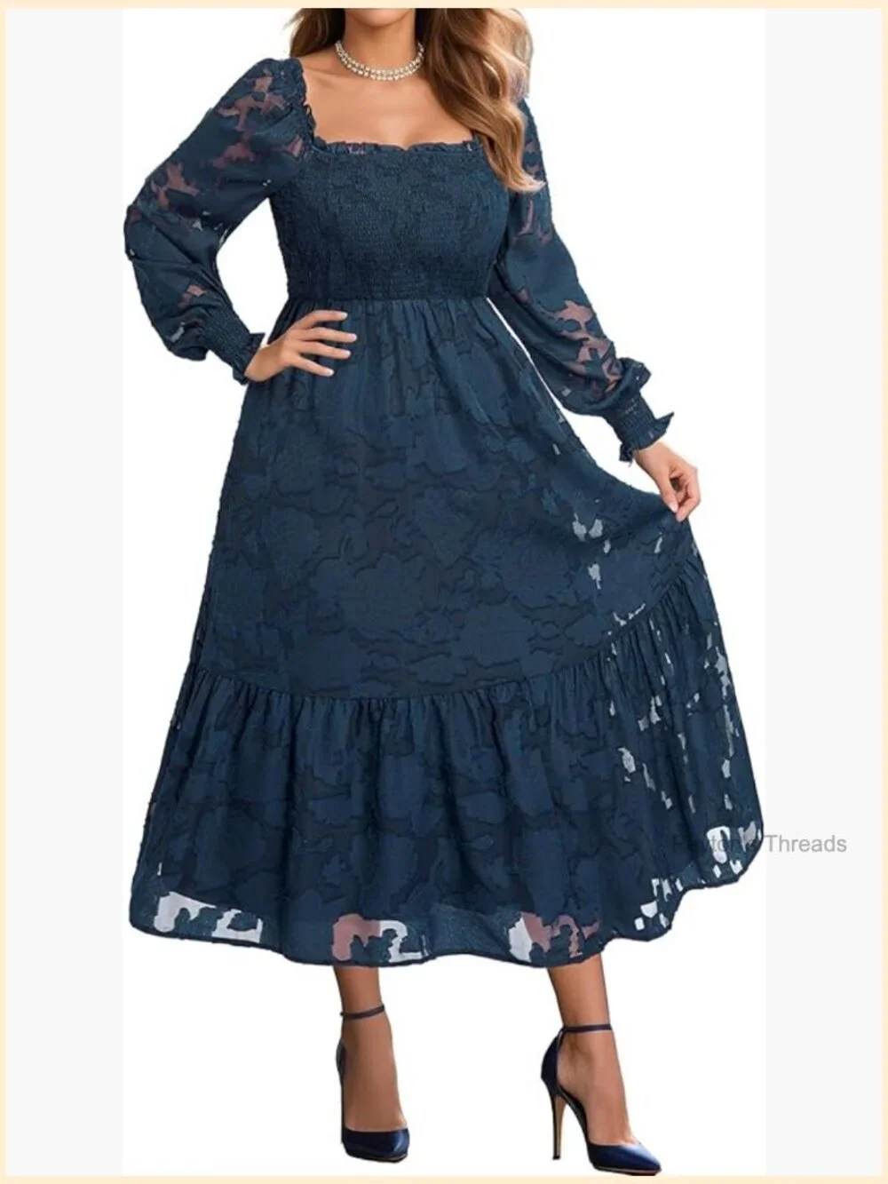 Plus Size Floral Lace A-Line Midi Dress Long Sleeve Fall Wedding Guest